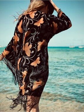 Haus of denim and lace black burnout velvet butterfly fringe kimono one size